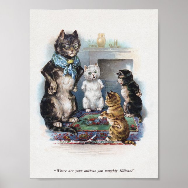 Tre Little Kittens och Mor, Louis Wain Poster (Framsidan)