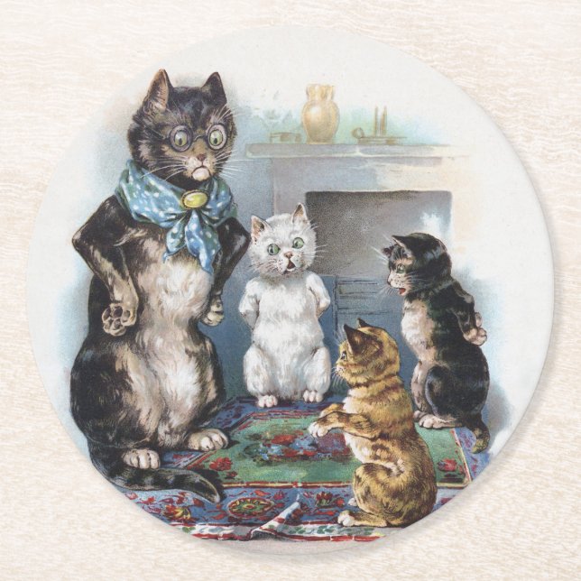 Tre Little Kittens och Mor, Louis Wain Underlägg Papper Rund (Framsidan)