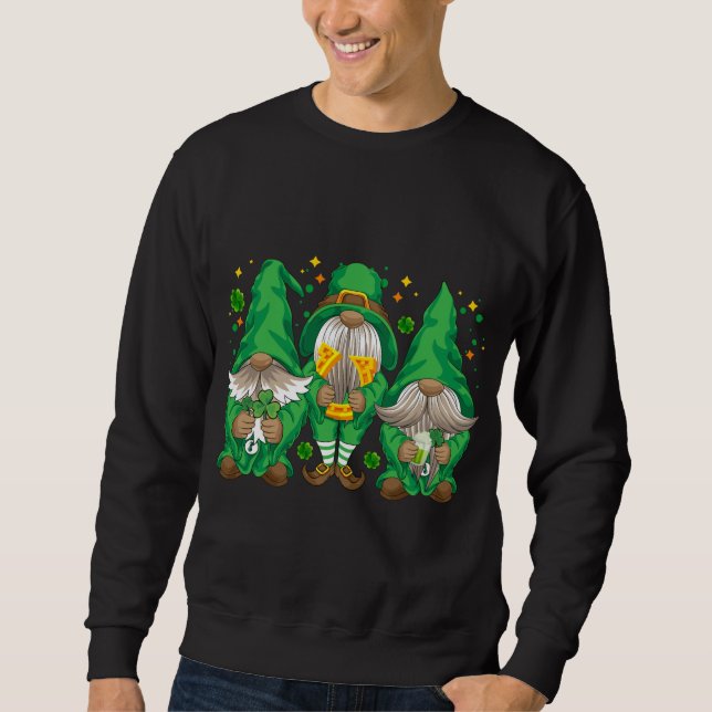 Tre Lucky Gnome Shamrock Beer Drinking Saint Pat Lång Ärmad Tröja (Framsida)