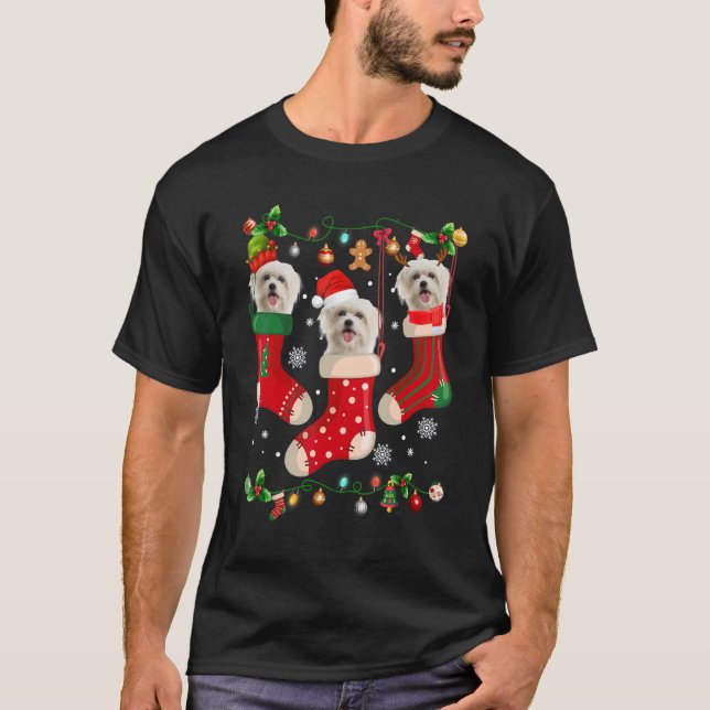 Tre maltesiska i Sock-jultomten-Hund T Shirt (Framsida)