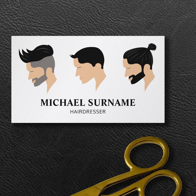 Tre Manar Hairair Stilar Teckning Hairdresser Barb Visitkort (Ideal business card for hairdressers and barbers featuring three illustrated men's hairstyles.)