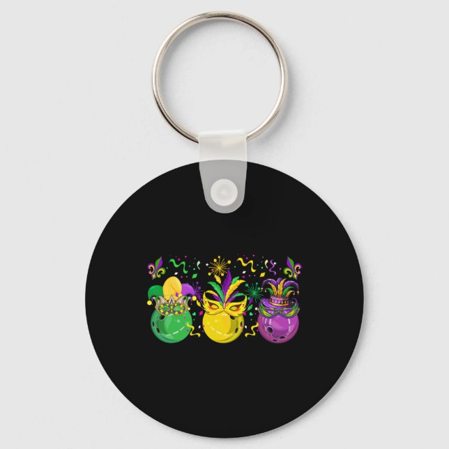 Tre Mardi Gras Bowling av Mask Jester Hats Par Nyckelring (Framsida)