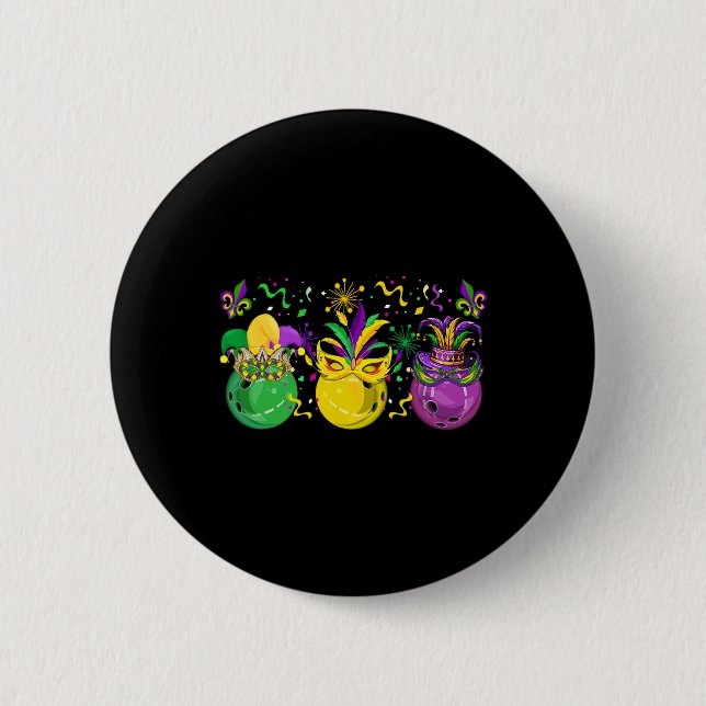 Tre Mardi Gras Bowling Mfrågade Jester Hats Parad Knapp (Framsida)