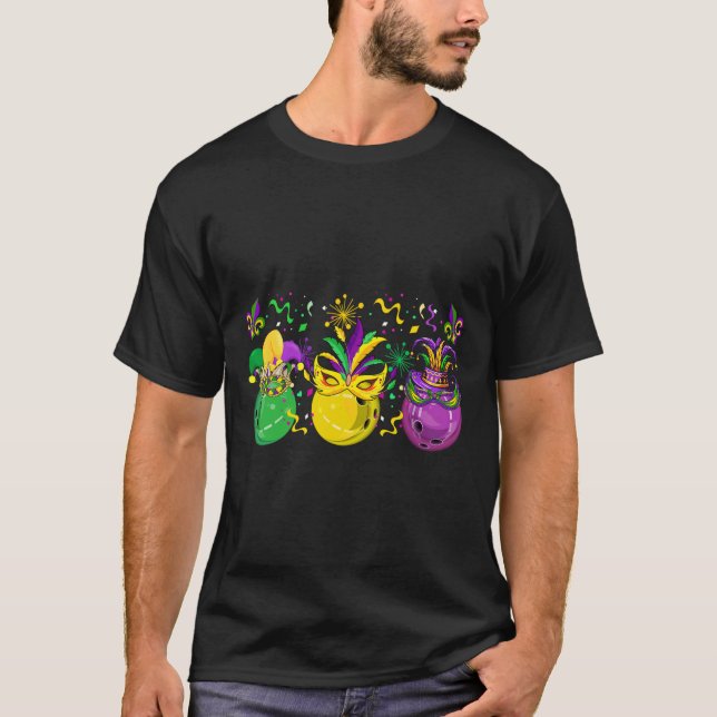 Tre Mardi Gras Bowling Mfrågade Jester Hats Parad T Shirt (Framsida)