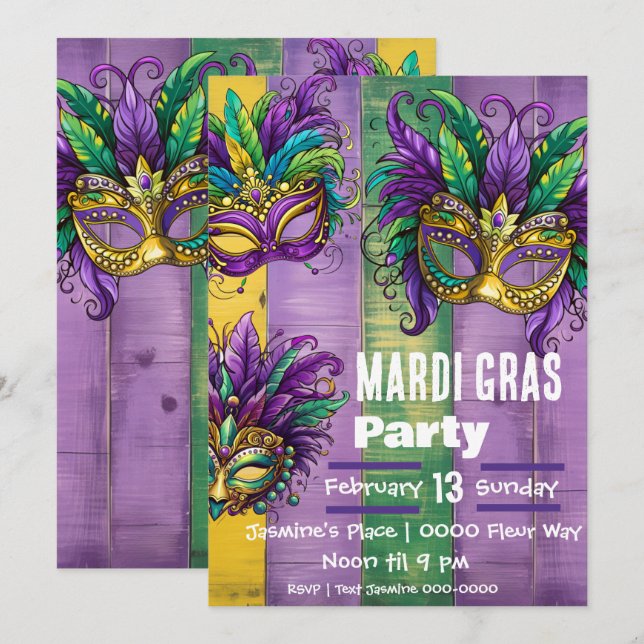 Tre mardi Gras Mask i Lila Guld Grönt Inbjudningar (Fram/baksida)