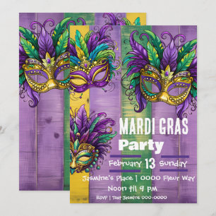 Tre mardi Gras Mask i Lila Guld Grönt Inbjudningar