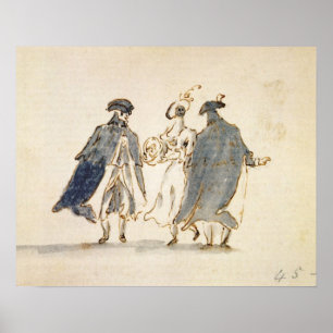 Tre maskerade figurer i karnevaldräkt (skriva & i poster