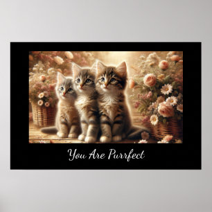 Tre missvisande tabby-kittens med blommor poster