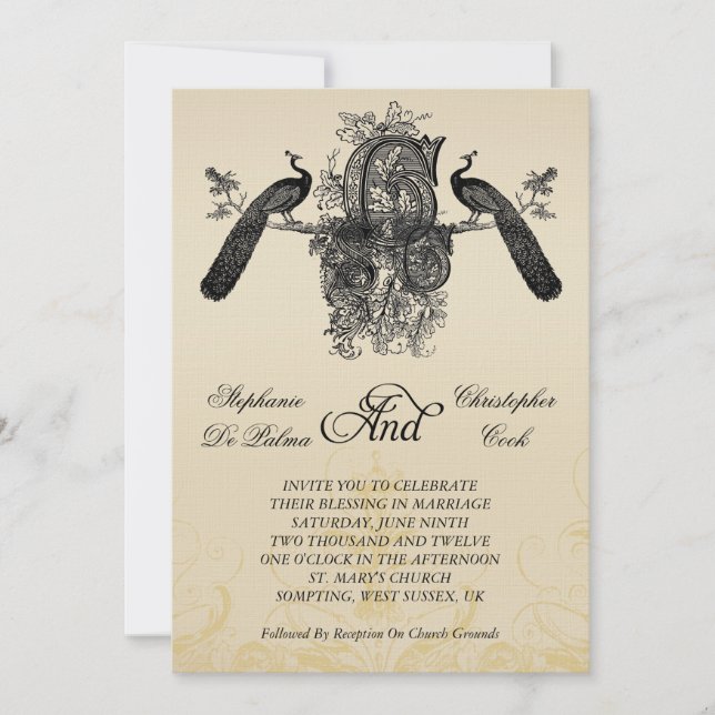 Tre Monogram Peacocks Vintage bröllop inbjudan (Framsida)