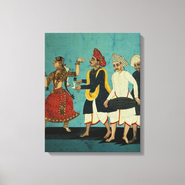 Tre musiker och en danstjej, Tanjore, Tamil Canvastryck (Framsida)