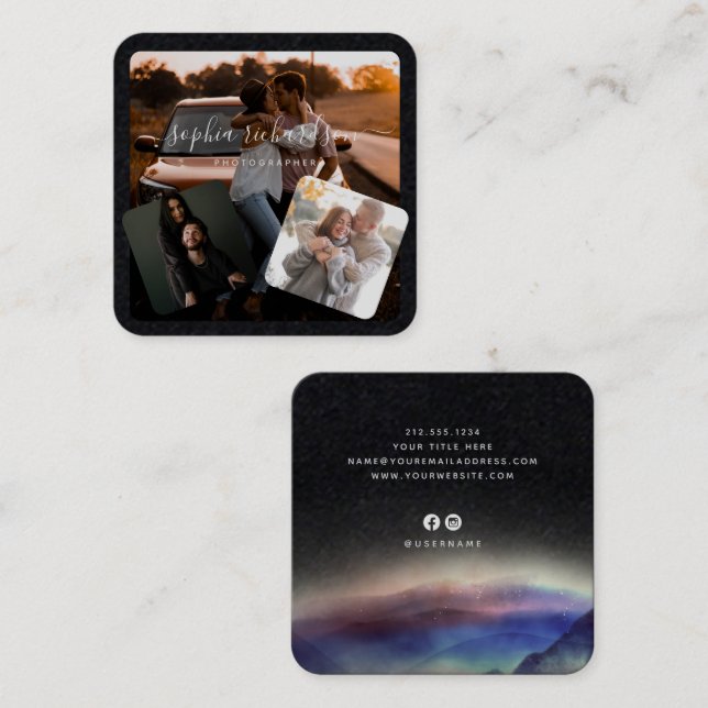 Tre Namnteckning av Photos Premium Black and White Fyrkantigt Visitkort (Fram/baksida)