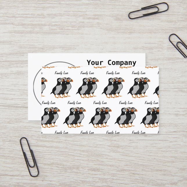 Tre obehagliga Puffin-Tecknader stående tillsamman Visitkort (Fram/Back In Situ)