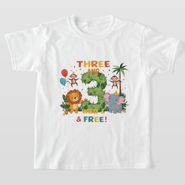 Tre och Vild och gratis - Jungle Party födelsedag T Shirt (Laydown)