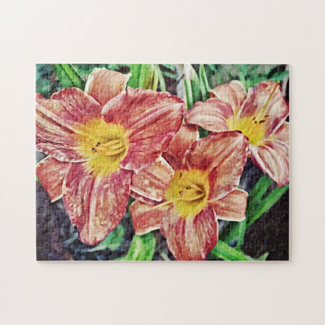 Tre Orangar Lily Flowers Art Puzzle Pussel (Horisontell)
