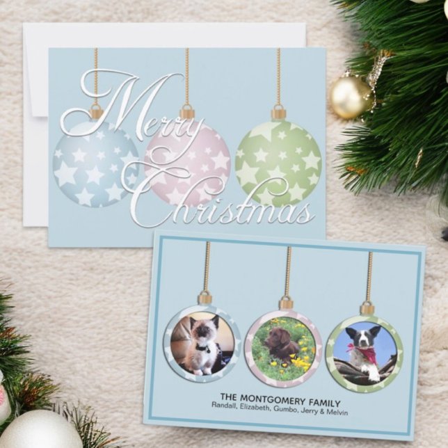 Tre ornament Pet Photo jul-Helgdag Julkort (front and back custom photo non-traditional colors Christmas flat card)