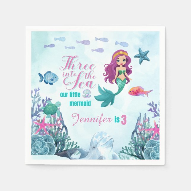 Tre på Sjöjungfrun av havet Tema 3:e födelsedagsde Pappersservett (Framsidan)