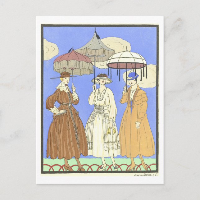 Tre parasoler Vintage Mode Plate Vykort (Framsida)