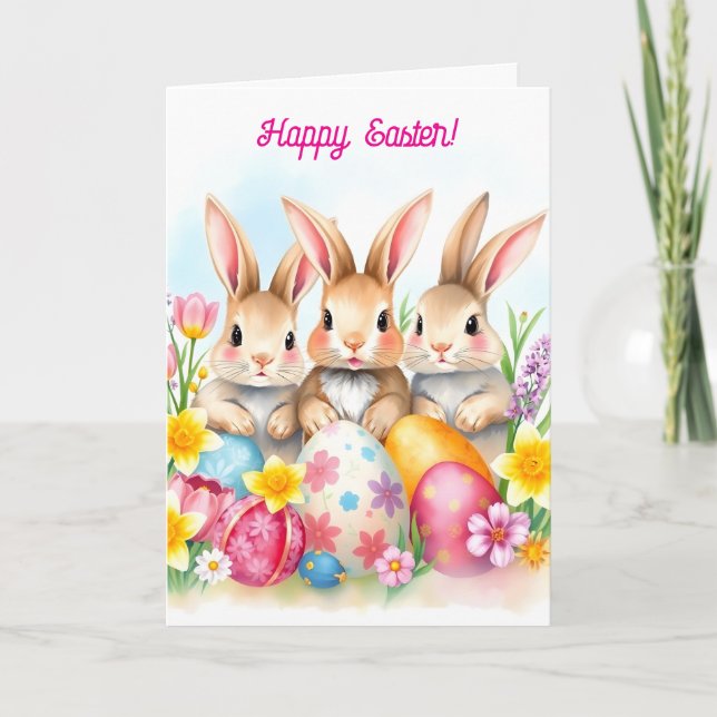 Tre Påskhare och blommade ägg Helgkort (Framsida)