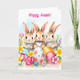 Tre Påskhare och blommade ägg Helgkort