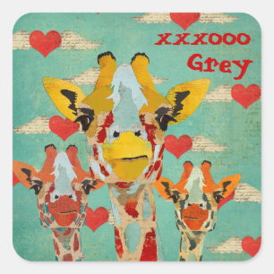 Tre Peeking Giraffes Hearts Sticker Fyrkantigt Klistermärke