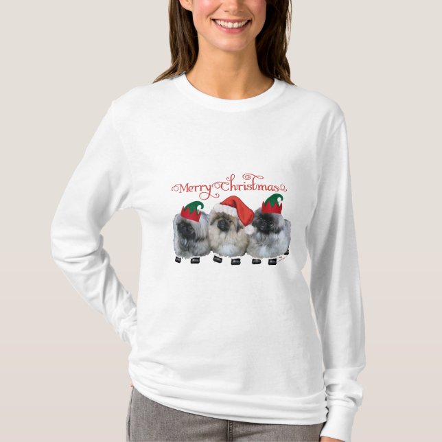Tre Pekingeser Valpar Jul Tee Shirt (Framsida)