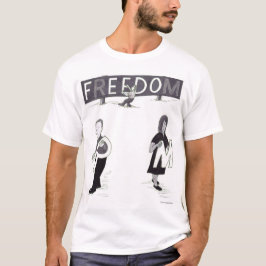 Tre personer tar enskilda bokstäver från en skylt t shirt