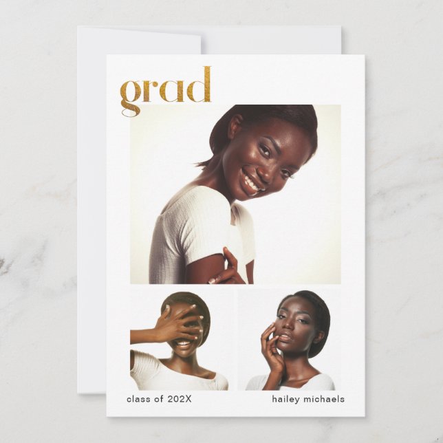 Tre Photo Collage Studentfest Faux Guld Inbjudningar (Framsida)