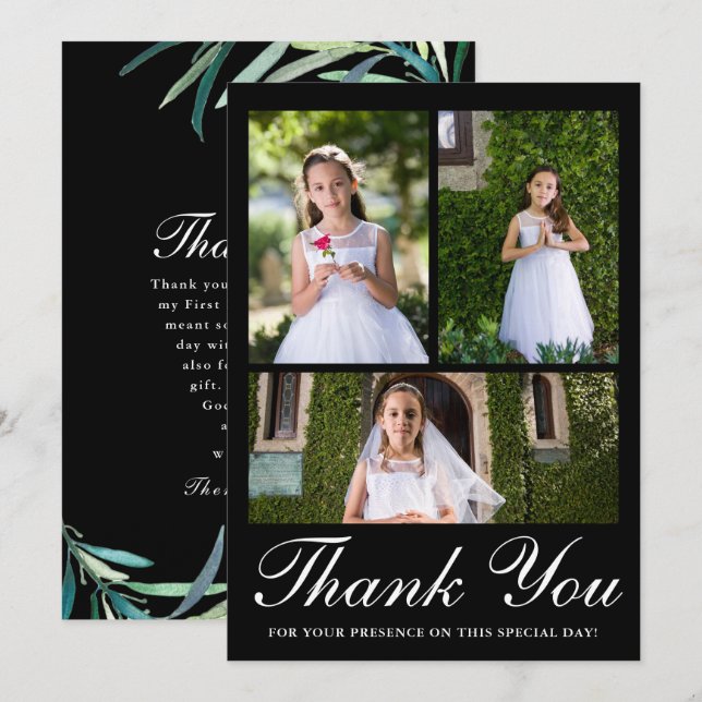 Tre Photo Greenery First Communion Black Tack Kort (Fram/baksida)