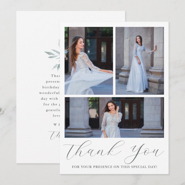 Tre Photo Quinceanera Blue-Blommigt-skript Inbjudningar (Fram/baksida)