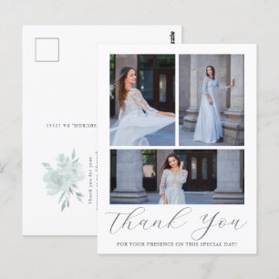 Tre Photo Quinceanera Blue-Blommigt-skript Vykort