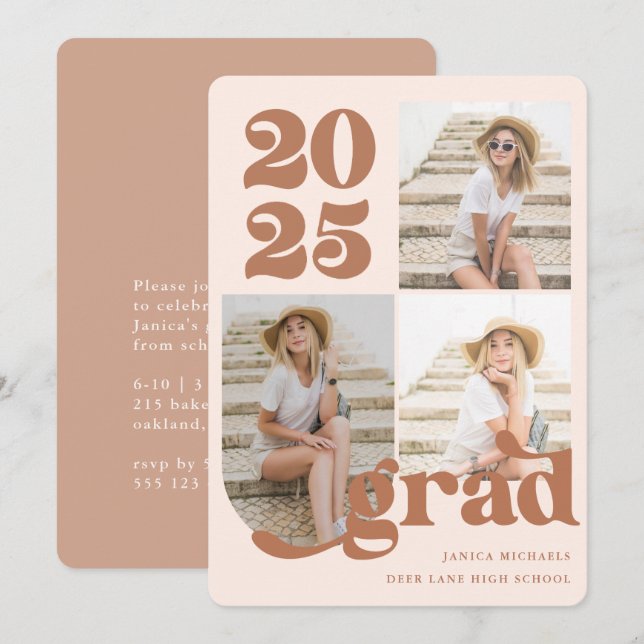 Tre Photo Retro Type Terracotta Studentfest Inbjudningar (Fram/baksida)