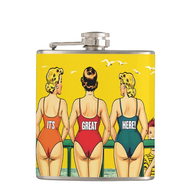 Tre pinupptjejer bakifrån, strandhumor, rolig fickplunta (Framsidan)