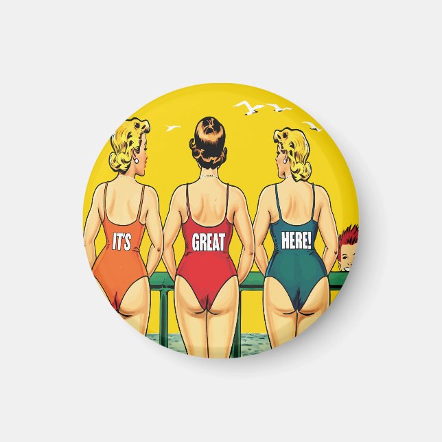 Tre pinupptjejer bakifrån, strandhumor, rolig magnet (Framsidan)