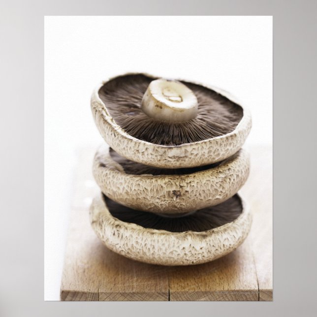 Tre platta svampar i en stapel på träskivor. poster (Framsidan)