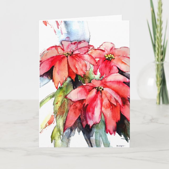 Tre poinsettias i vattenfärg helgkort (Framsida)