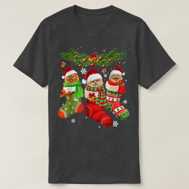 Tre pomeranska i Sock Santa Santa Julafton T Shirt (Design framsida)