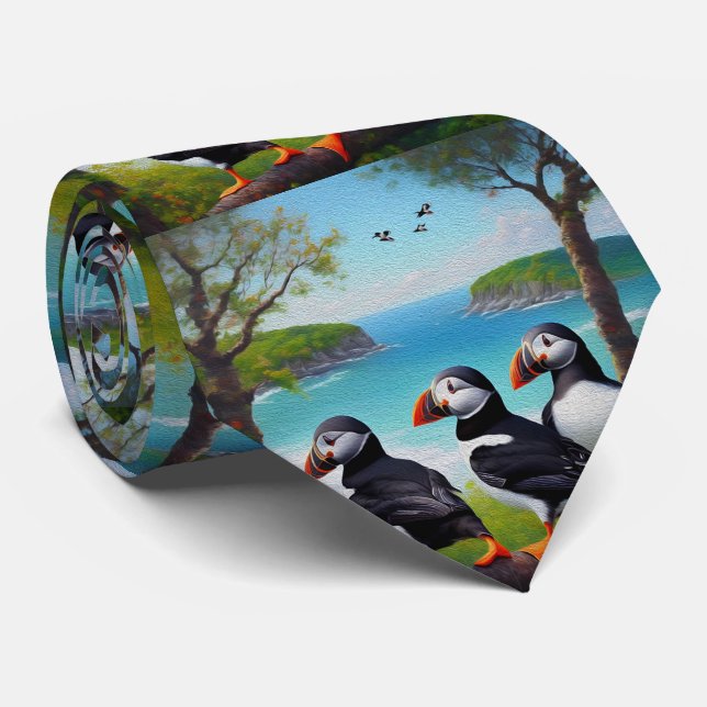 Tre Puffin Birds Oil Paint, Neck Tie Slips (Rullad)