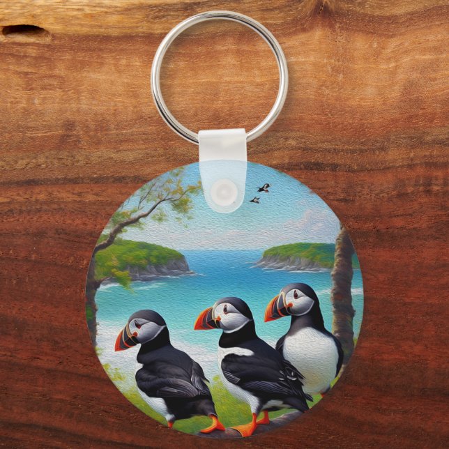 Tre Puffin Birds Oil Paint, Nyckelring (Framsida)
