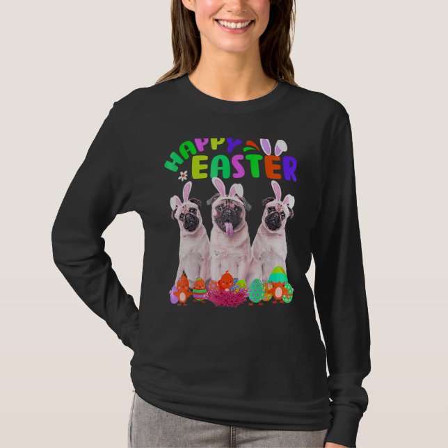 Tre Pug Wearing Bunny Ear Pug Glad påsk T Shirt (Framsida)