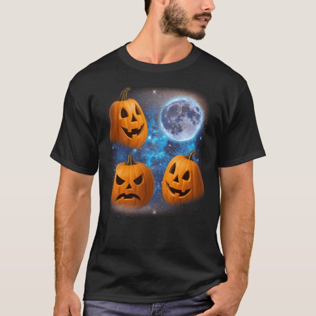 Tre pumpor Howling vid Konstigen Måne Meme Pumpkin T Shirt (Framsida)