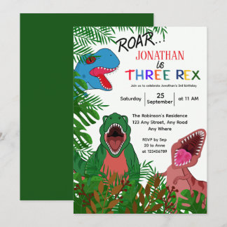 Tre Rex 3-års födelsedag Barnkalas Inbjudningar