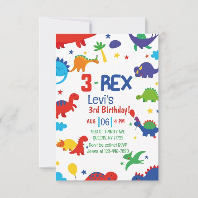 Tre Rex 3:e dinosaur-födelsedagen Inbjudningar (Framsida)