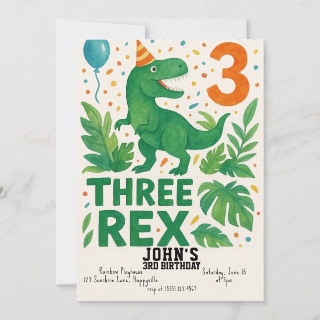 Tre Rex Birthday-inbjudningar - Dinosaur 3:e Inbjudningar (Framsida)