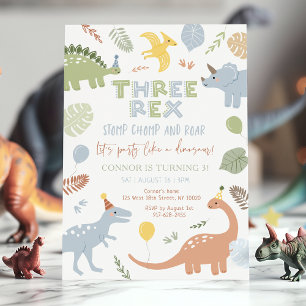 Tre Rex Blue Boy Dinosaur Birthday Inbjudningar