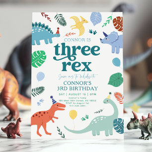Tre Rex Blue Boy Dinosaur Boho 3:e födelsedagen Inbjudningar