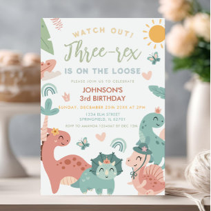 Tre rex Boy Dinosaur Pastel 3:e födelsedagen Party Inbjudningar