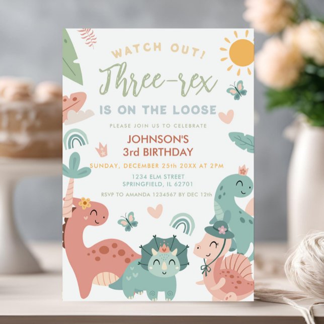 Tre rex Boy Dinosaur Pastel 3:e födelsedagen Party Inbjudningar (Skapare uppladdad)