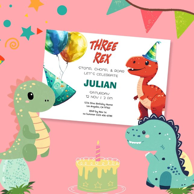Tre Rex Cute Tyrex Dinosaur Birthday Inbjudningar (Skapare uppladdad)