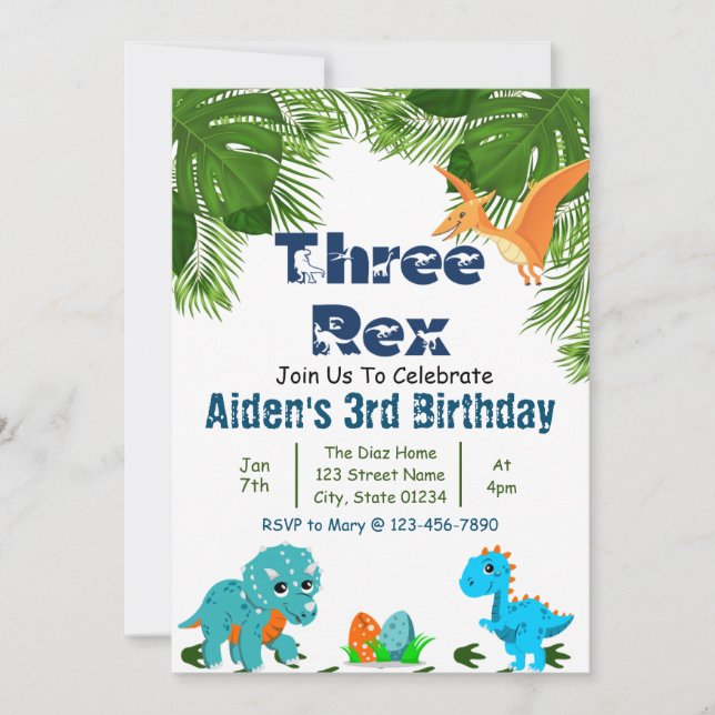 Tre Rex Dino-Födelsedagsfester Inbjudningar (Framsida)