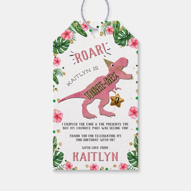 Tre-Rex Dinosaur 3:e födelsedagen Party Tack Gi Presentetikett (Framsidan)